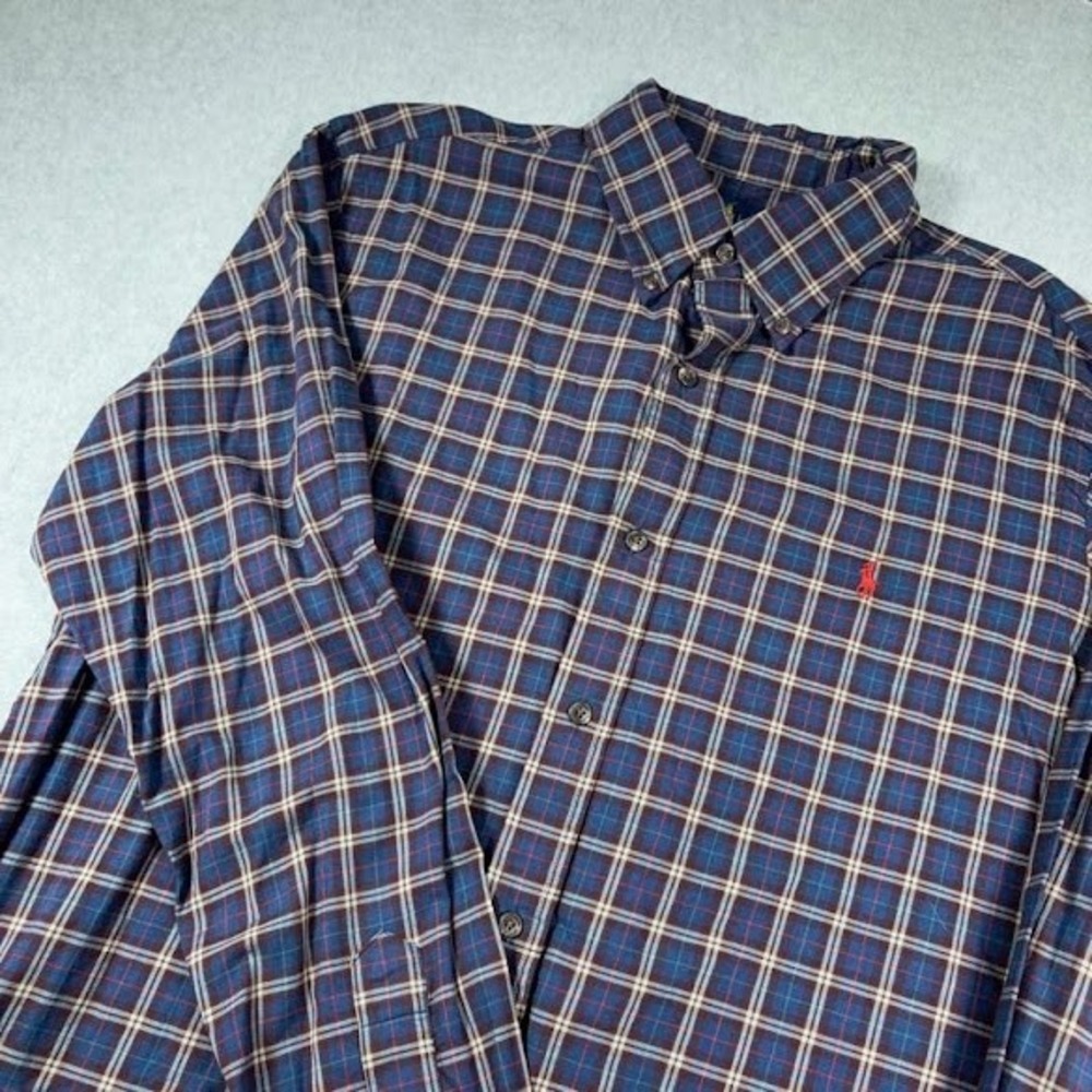 Polo Ralph Lauren Button Down Mens XL Blue Brown Plaid Long Sleeve Pony Logo‎